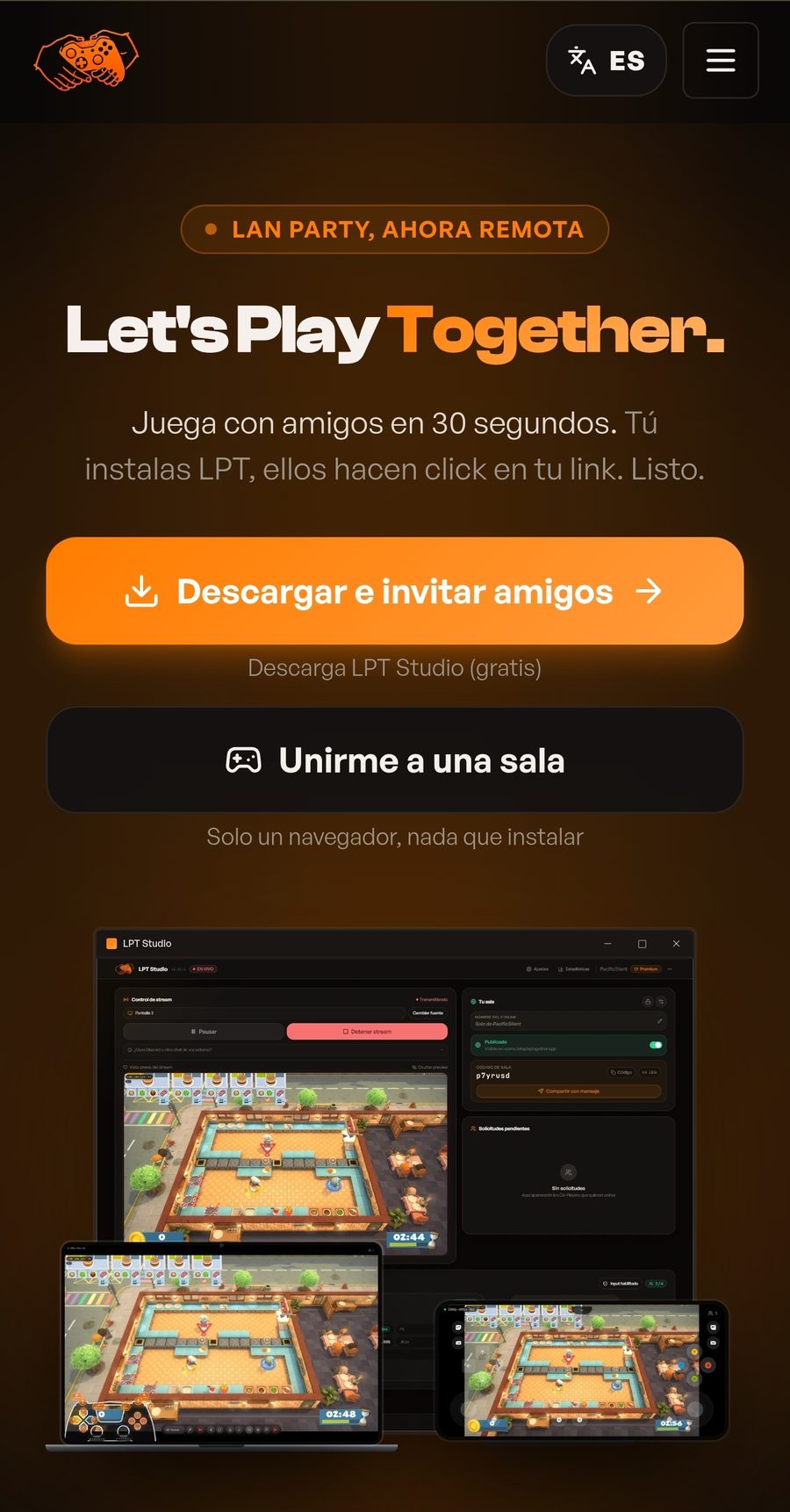 Let's Play Together landing page running on desktop, tablet and phone